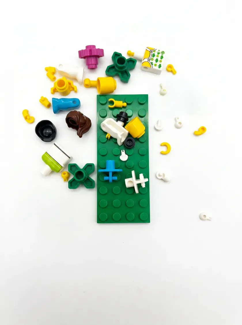 Pezzi e componenti di mattoncini personalizzati — torso, gambe, accessori e minifigure su misura — pronti per essere assemblati