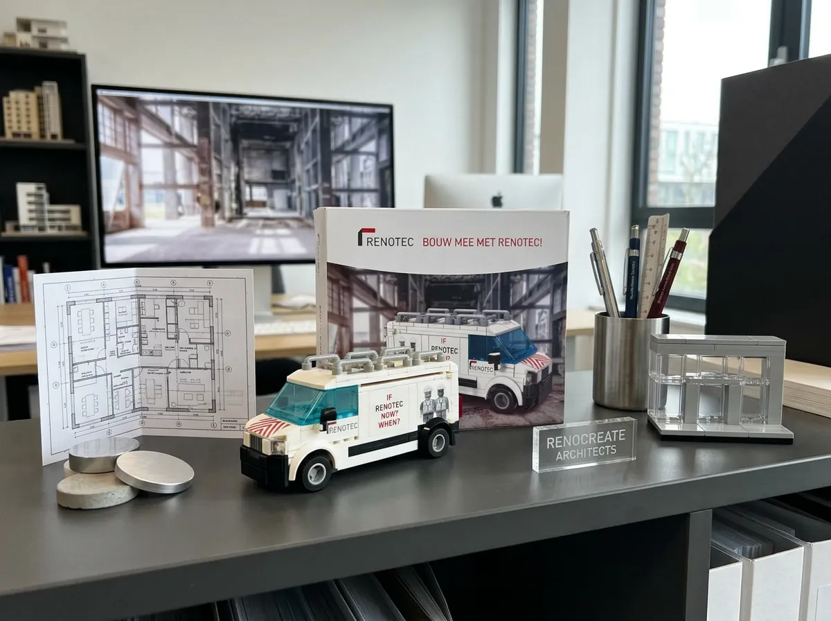 Furgone-servizi brandizzato in mattoncini esposto su una scrivania di studio di architettura, accanto alla confezione