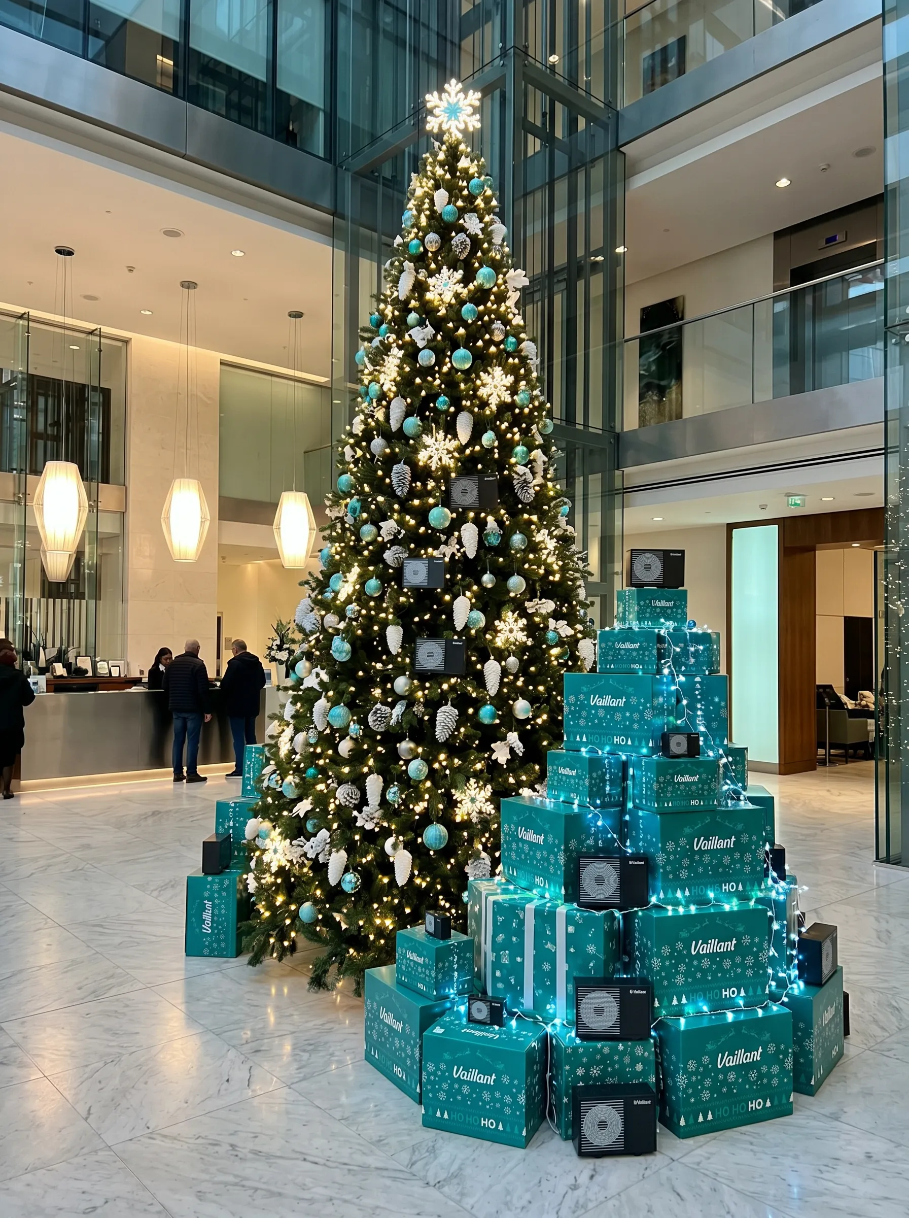 Atrio aziendale con albero di Natale e una piramide di confezioni regalo brandizzate in mattoncini