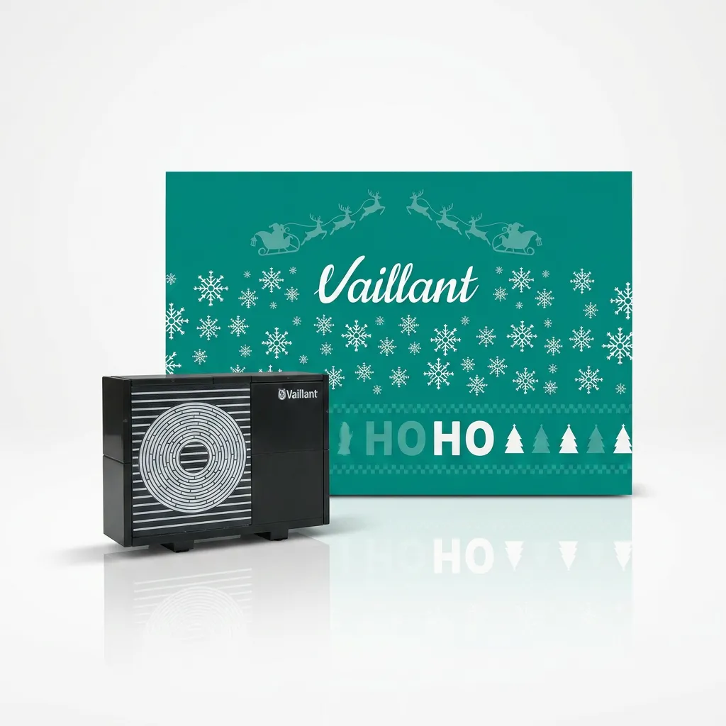 Confezione regalo natalizia brandizzata accanto a un modello in mattoncini, su fondo bianco